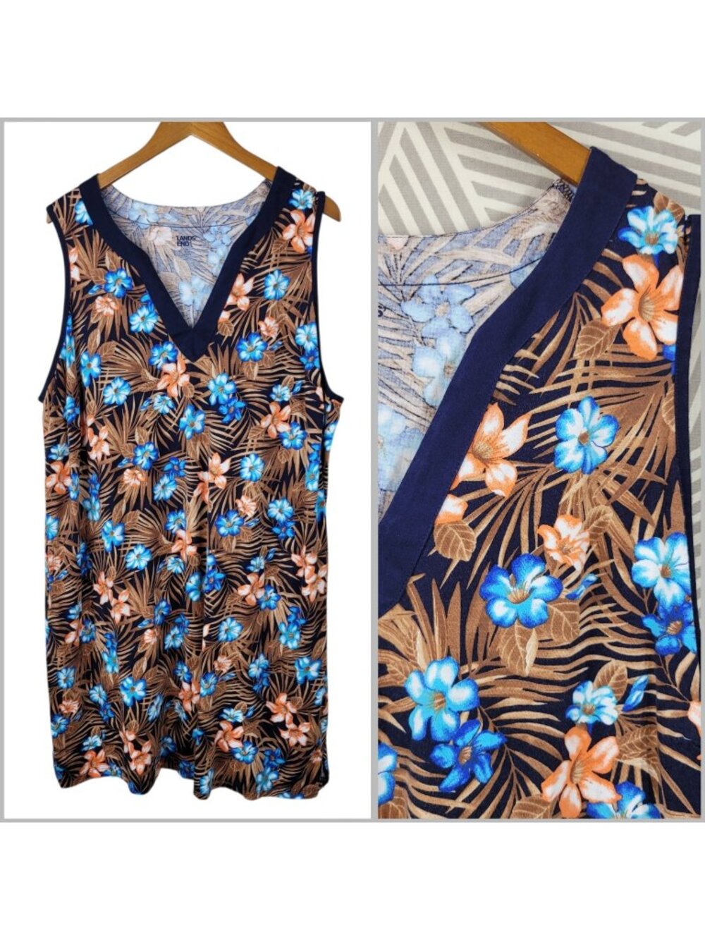 Lands End Shirt Dress Plus 2X Tropical Luau Hawaiian Pockets Floral Above Knee